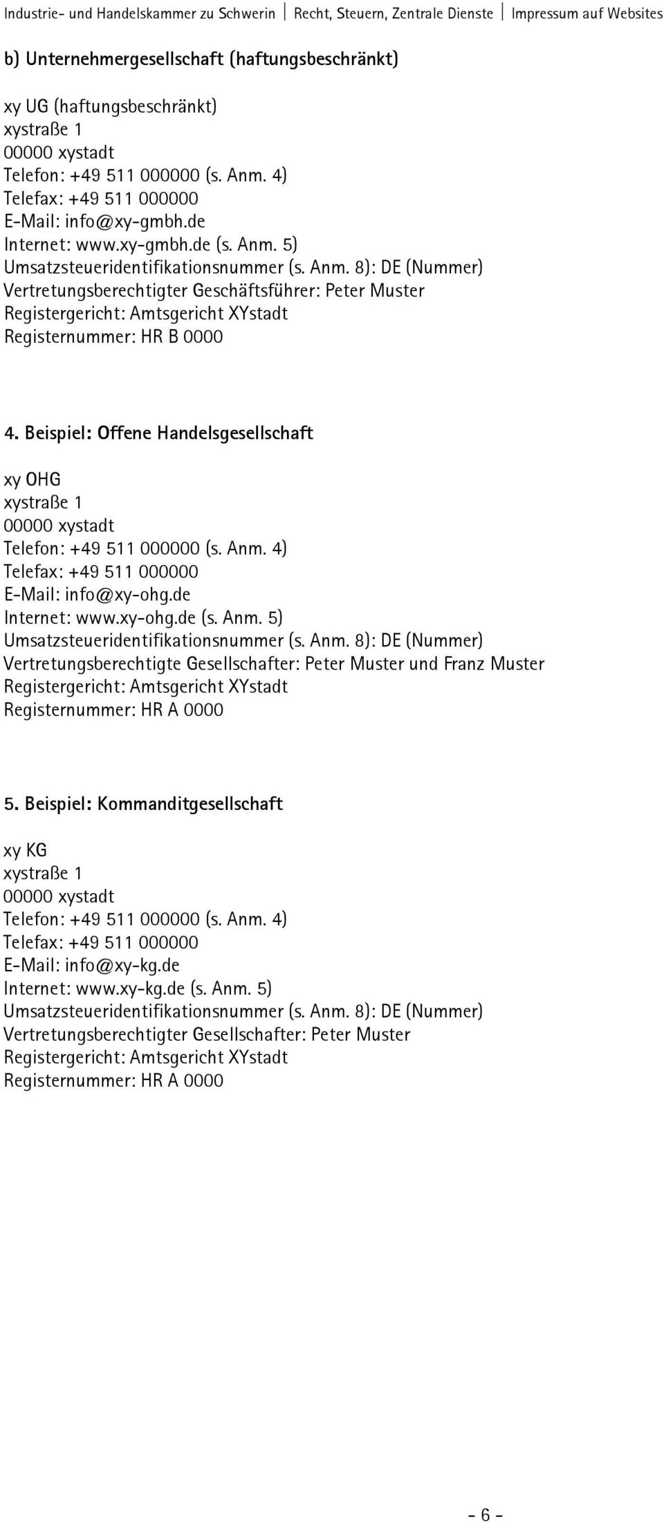 Beispiel: Offene Handelsgesellschaft xy OHG E-Mail: info@xy-ohg.de Internet: www.xy-ohg.de (s. Anm.