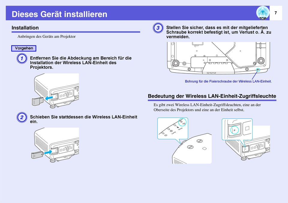 7 Vorgehen A Entfernen Sie die Abdeckung am Bereich für die Installation der Wireless LAN-Einheit des Projektors.