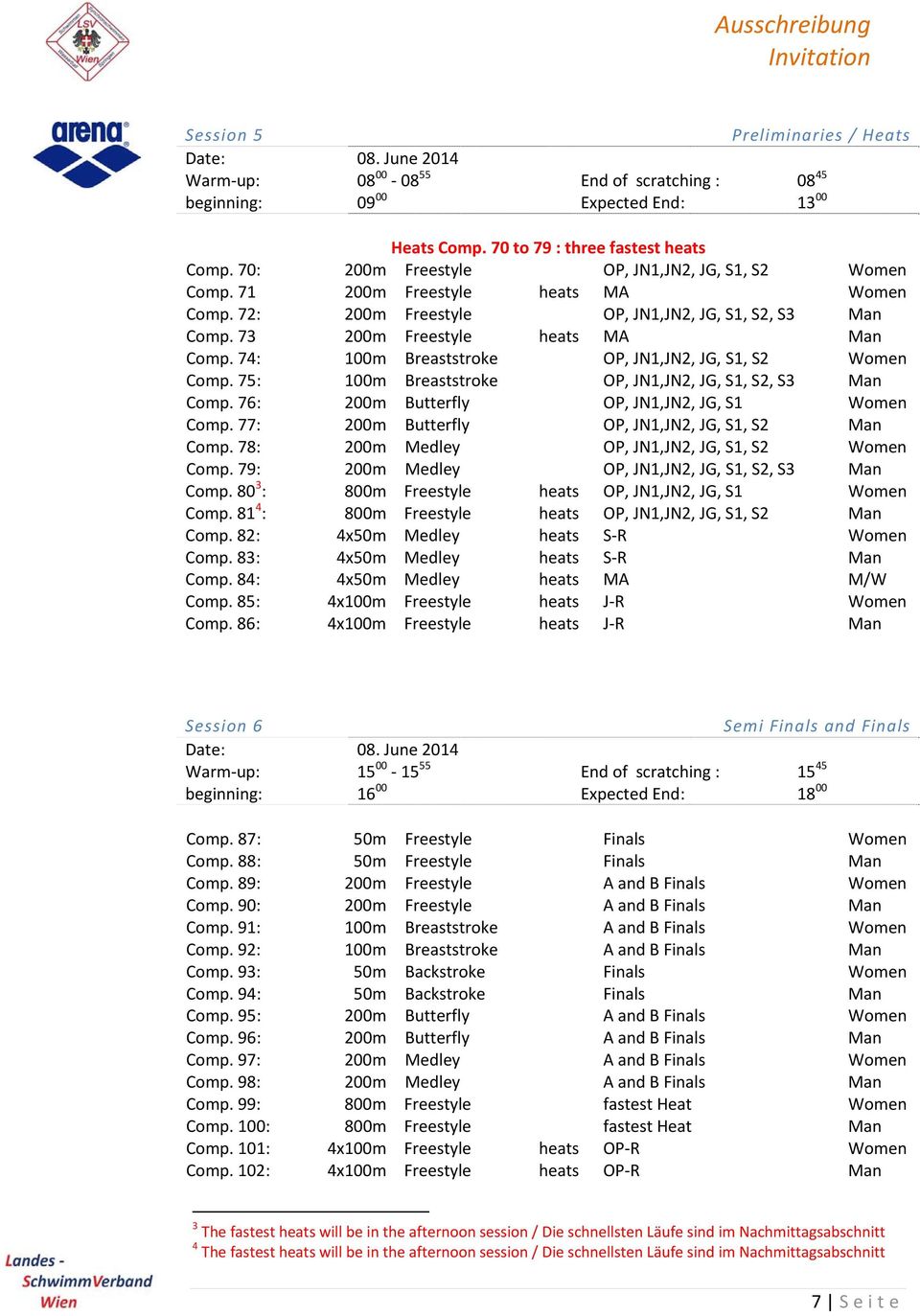 74: 100m Breaststroke OP, JN1,JN2, JG, S1, S2 Women Comp. 75: 100m Breaststroke OP, JN1,JN2, JG, S1, S2, S3 Man Comp. 76: 200m Butterfly OP, JN1,JN2, JG, S1 Women Comp.