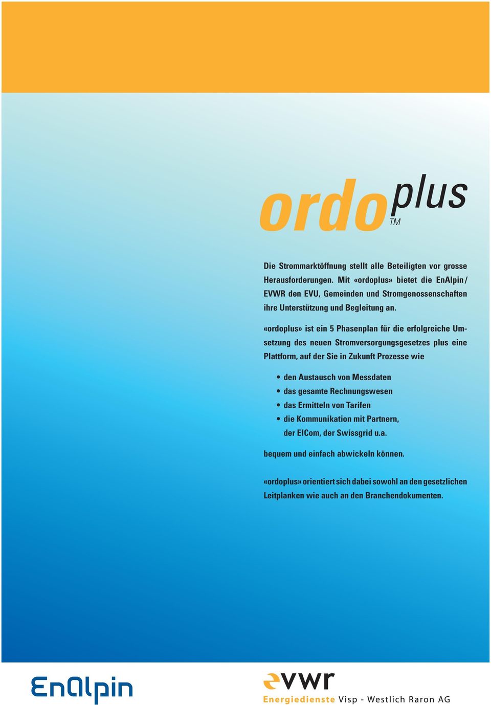 «ordoplus» ist ein 5 Phasenplan für die erfolgreiche Umsetzung des neuen Stromversorgungsgesetzes plus eine Plattform, auf der Sie in Zukunft Prozesse wie den