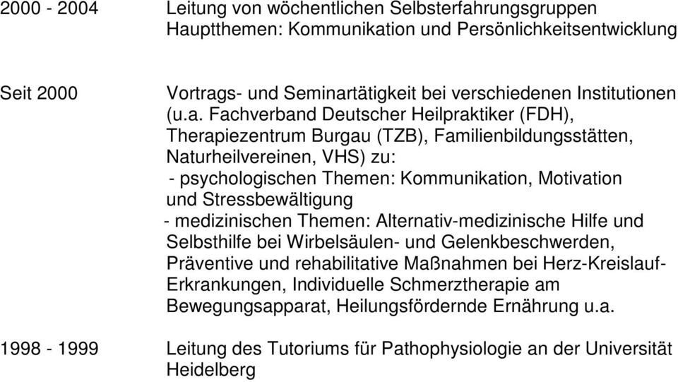 Fachverband Deutscher Heilpraktiker (FDH), Therapiezentrum Burgau (TZB), Familienbildungsstätten, Naturheilvereinen, VHS) zu: - psychologischen Themen: Kommunikation, Motivation und