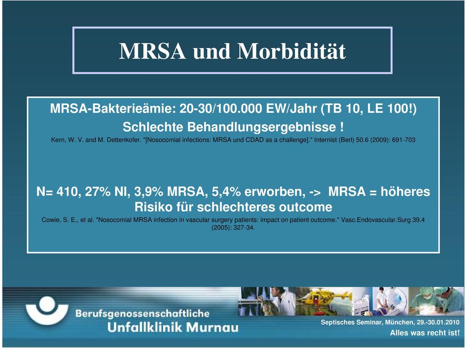 6 (2009): 691-703 N= 410, 27% NI, 3,9% MRSA, 5,4% erworben, -> MRSA = höheres Risiko für schlechteres outcome Cowie, S.
