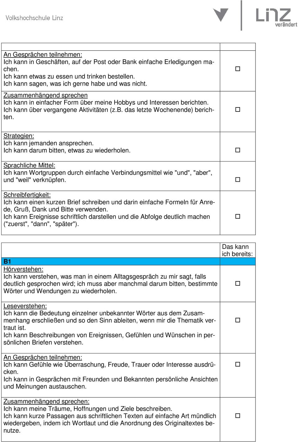 Strategien: Ich kann jemanden ansprechen. Ich kann darum bitten, etwas zu wiederholen. Ich kann Wortgruppen durch einfache Verbindungsmittel wie "und", "aber", und "weil" verknüpfen.