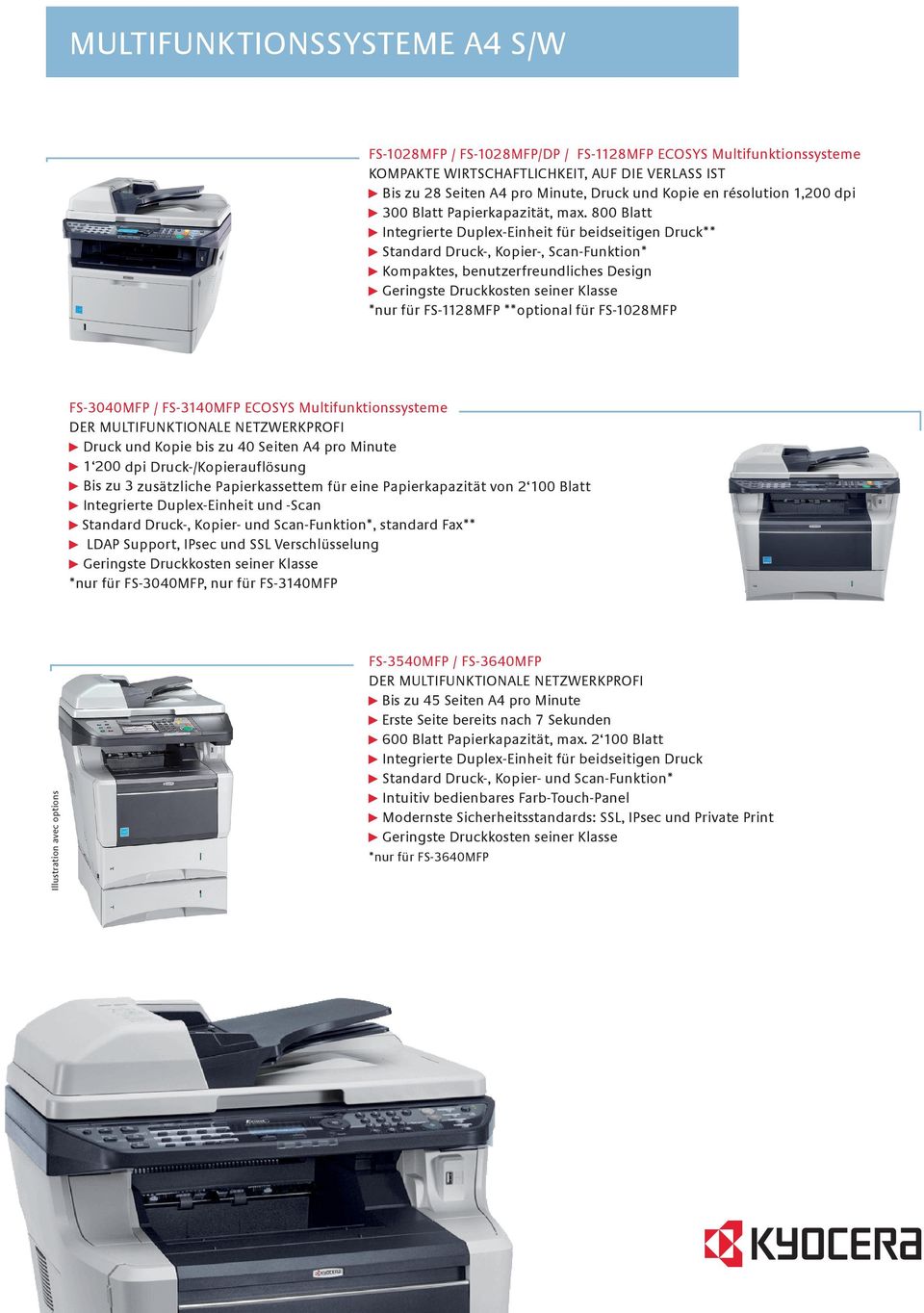 800 Blatt ** Standard Druck-, Kopier-, Scan-Funktion* Kompaktes, benutzerfreundliches Design *nur für FS-1128MFP **optional für FS-1028MFP FS-3040MFP / FS-3140MFP ECOSYS Multifunktionssysteme DER