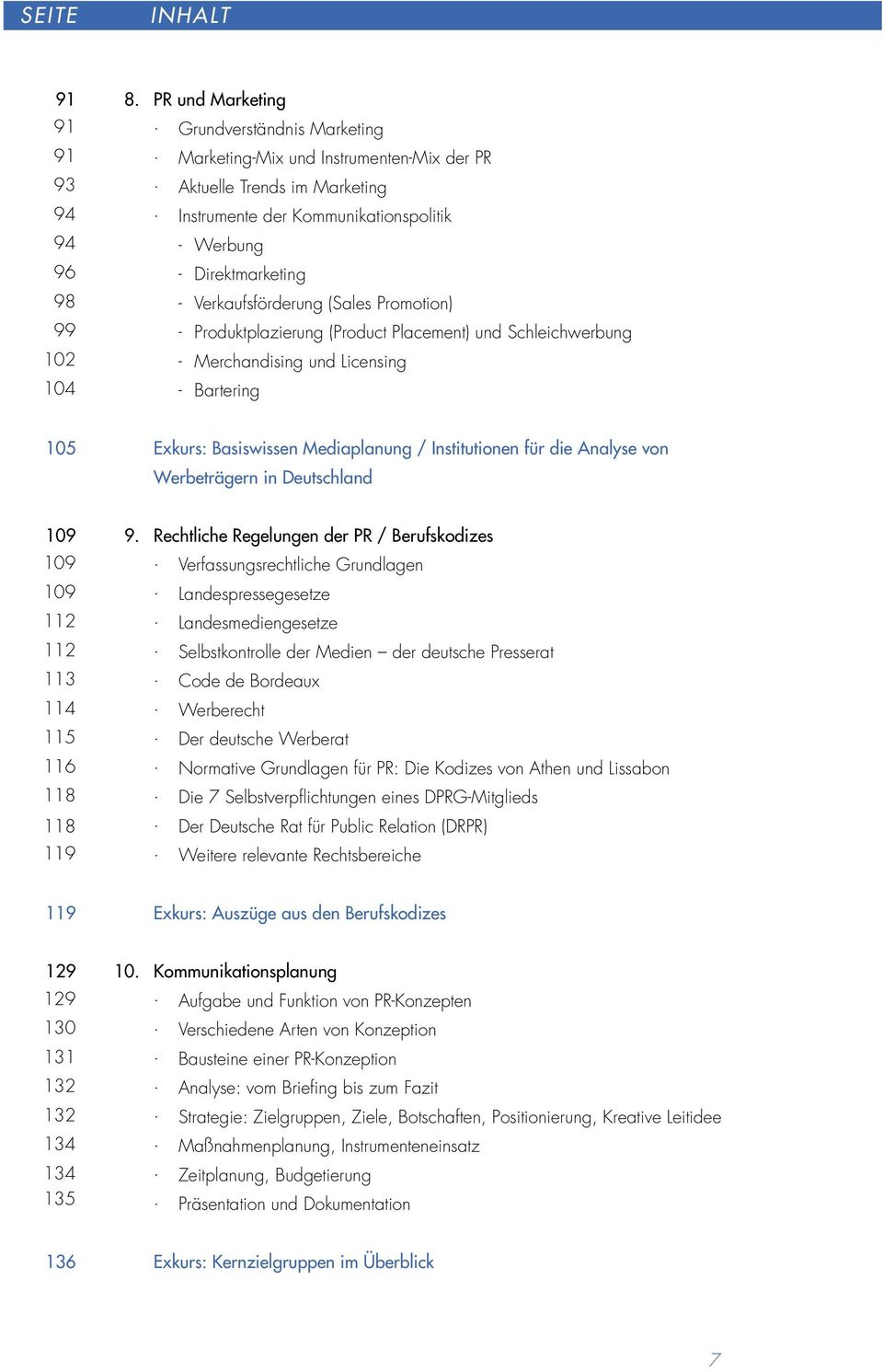 Licensing 104 - Bartering 105 Exkurs: Basiswissen Mediaplanung / Institutionen für die Analyse von Werbeträgern in Deutschland 109 9. Rechtliche Regelungen der PR / Berufskodizes 109.