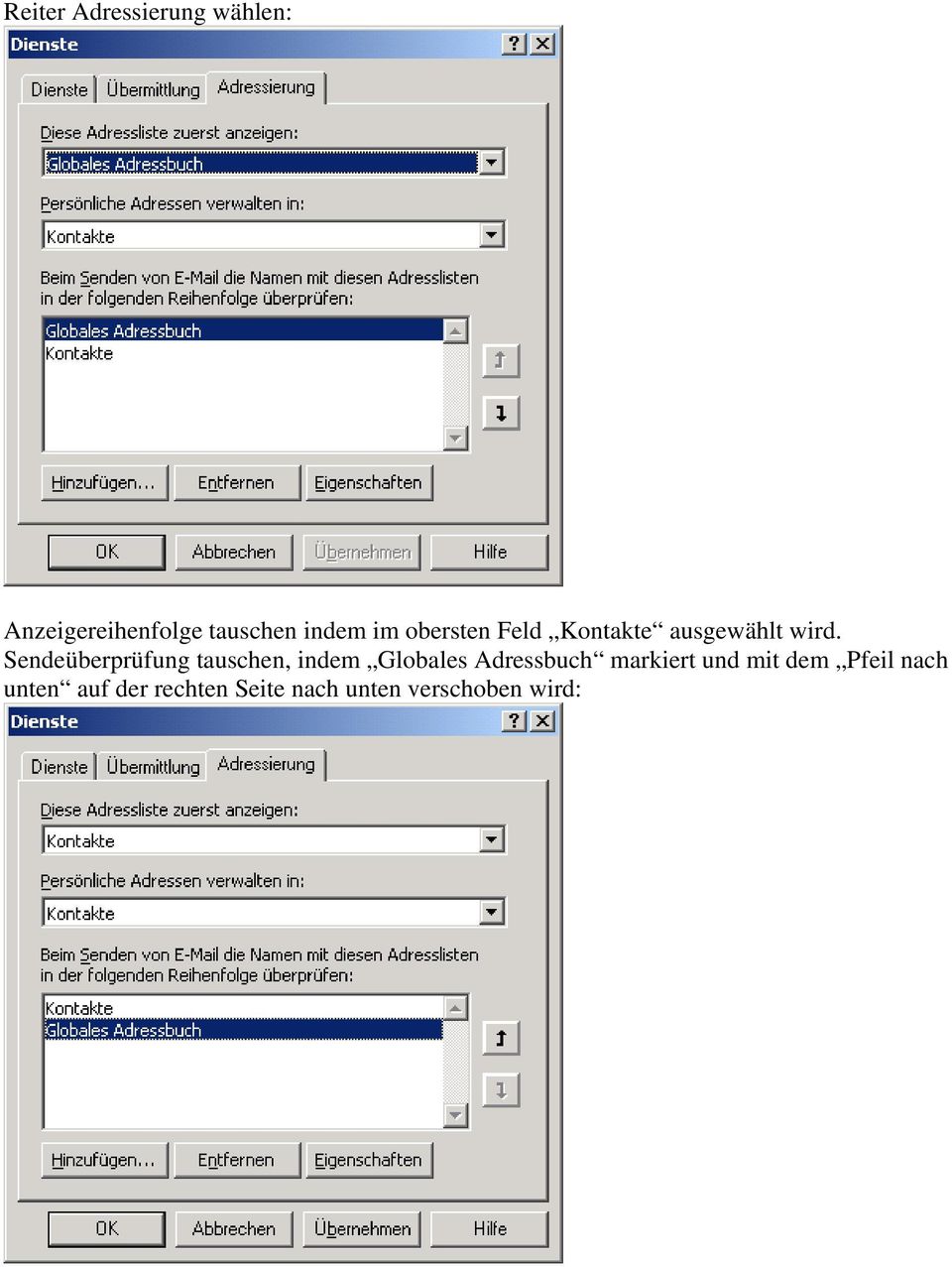 Sendeüberprüfung tauschen, indem Globales Adressbuch markiert