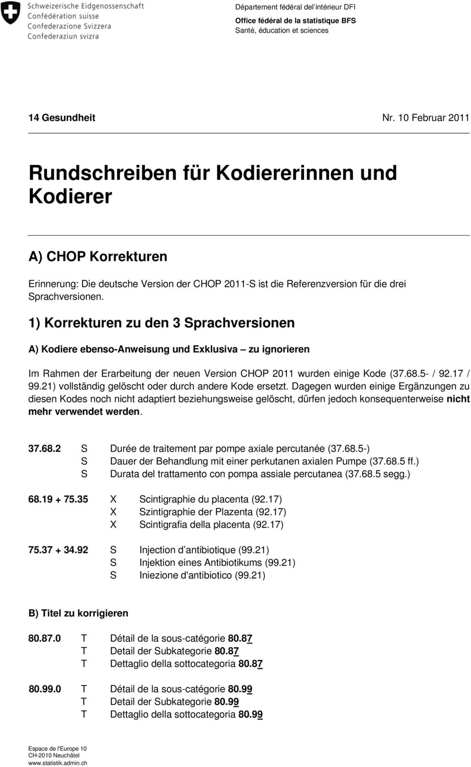 1) Korrekturen zu den 3 Sprachversionen A) Kodiere ebenso-anweisung und Exklusiva zu ignorieren Im Rahmen der Erarbeitung der neuen Version CHOP 2011 wurden einige Kode (37.68.5- / 92.17 / 99.