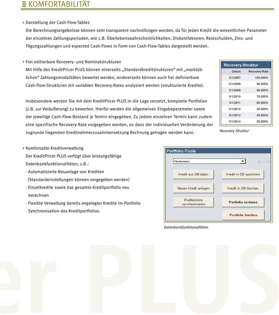 Frei editierbare Recovery- und Nominalstrukturen Mit Hilfe des KreditPricer PLUS können einerseits Standardkreditstrukturen mit marktüblichen Zahlungsmodalitäten bewertet werden, andererseits können