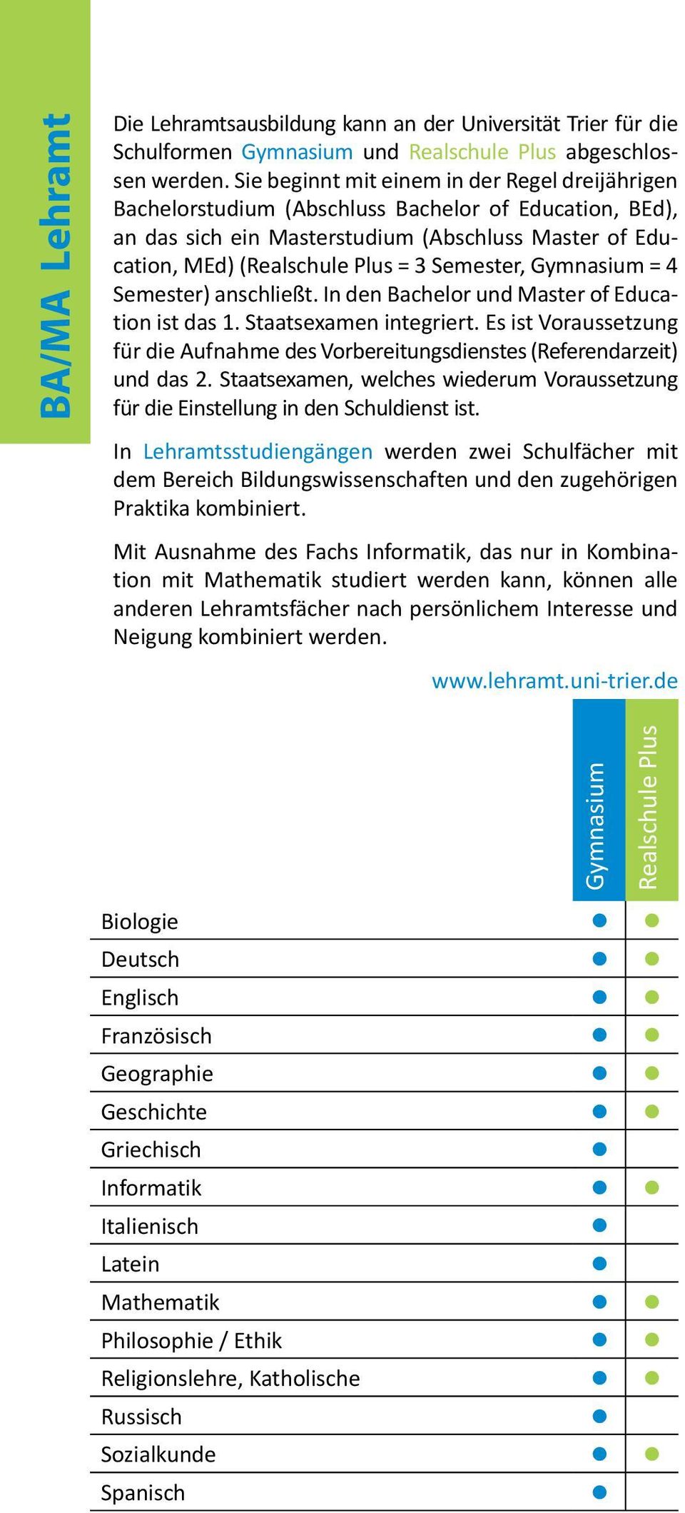 Semester, Gymnasium = 4 Semester) anschließt. In den Bachelor und Master of Education ist das 1. Staatsexamen integriert.