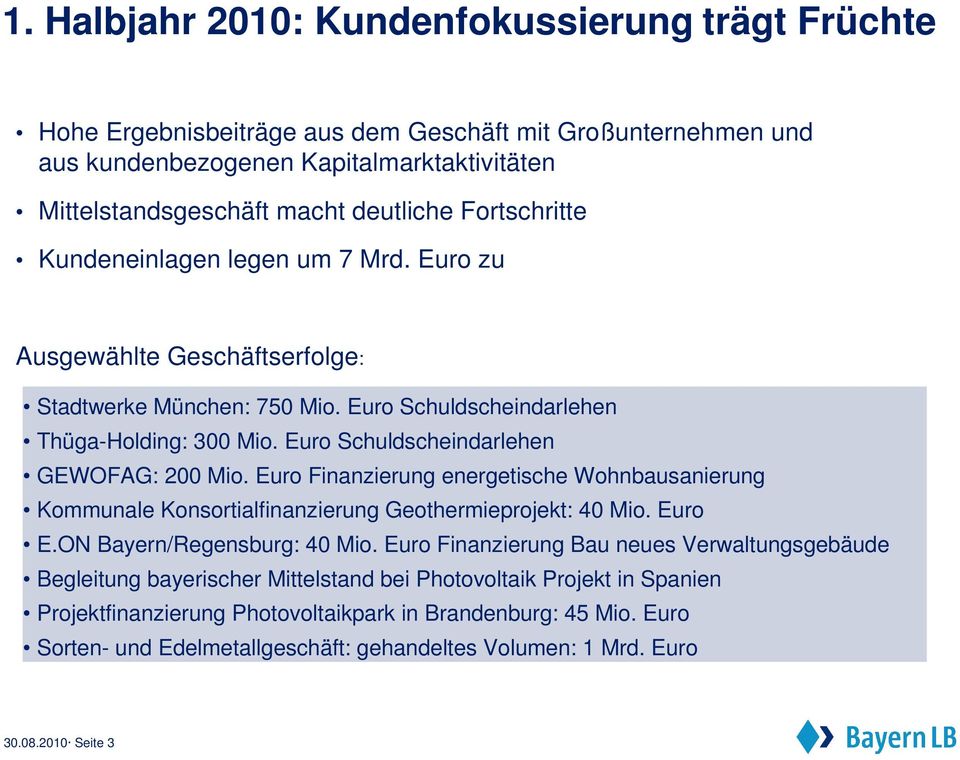 Euro Schuldscheindarlehen GEWOFAG: 200 Mio. Euro Finanzierung energetische Wohnbausanierung Kommunale Konsortialfinanzierung Geothermieprojekt: 40 Mio. Euro E.ON Bayern/Regensburg: 40 Mio.