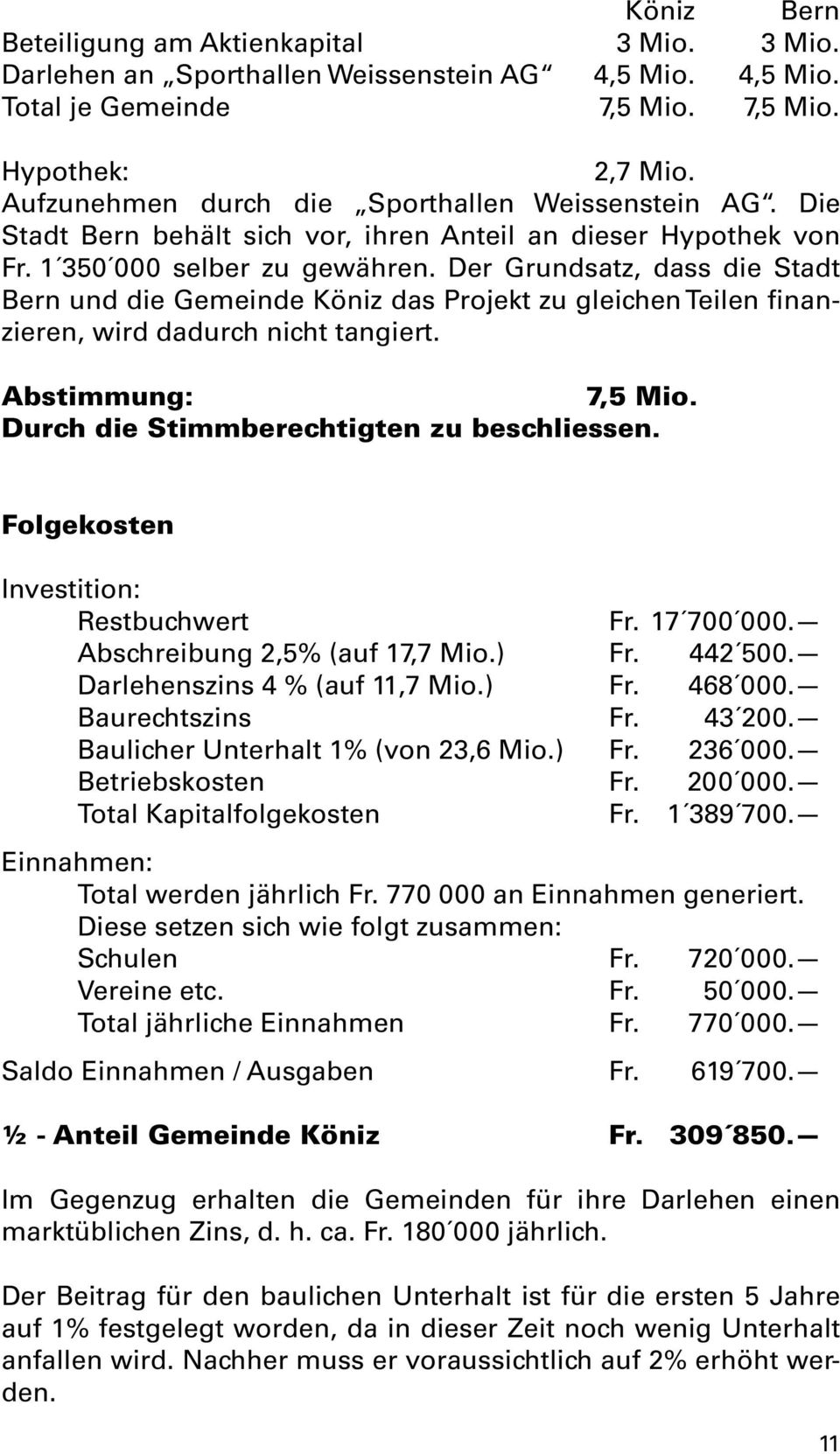 Der Grundsatz, dass die Stadt Bern und die Gemeinde Köniz das Projekt zu gleichen Teilen finanzieren, wird dadurch nicht tangiert. Abstimmung: 7,5 Mio. Durch die Stimmberechtigten zu beschliessen.