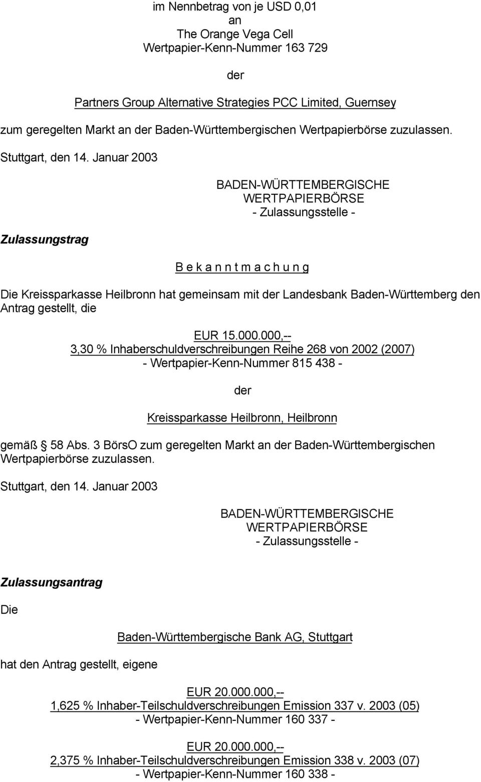 Juar 2003 Zulassungstrag - Zulassungsstelle - B e k a n n t m a c h u n g Die Kreissparkasse Heilbronn hat gemeinsam mit der Ldesbk Baden-Württemberg den Antrag gestellt, die EUR 15.000.