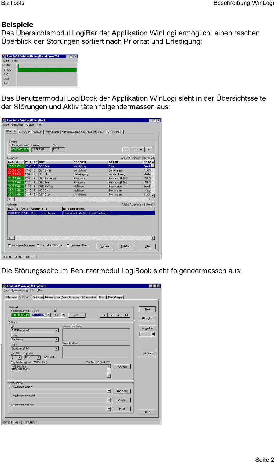 LogiBook der Applikation WinLogi sieht in der Übersichtsseite der Störungen und