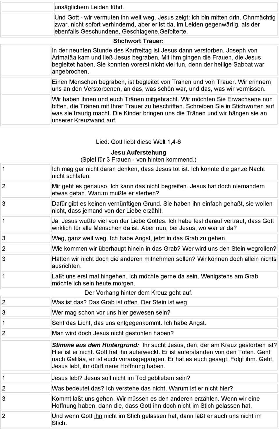 Stichwort Trauer: In der neunten Stunde des Karfreitag ist Jesus dann verstorben. Joseph von Arimatäa kam und ließ Jesus begraben. Mit ihm gingen die Frauen, die Jesus begleitet haben.