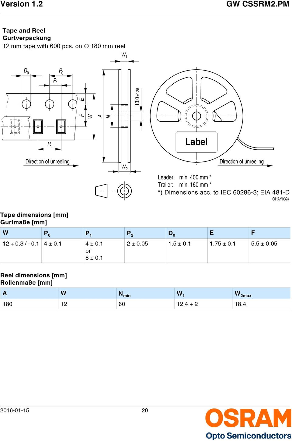 to IEC 60286-3; EIA 481-D OHAY0324 Tape dimensions [mm] Gurtmaße [mm] Tape dimensions in mm W P 0 P 1 P 2 D 0 E F 12 + 0.3 / - 0.1 4 ± 0.