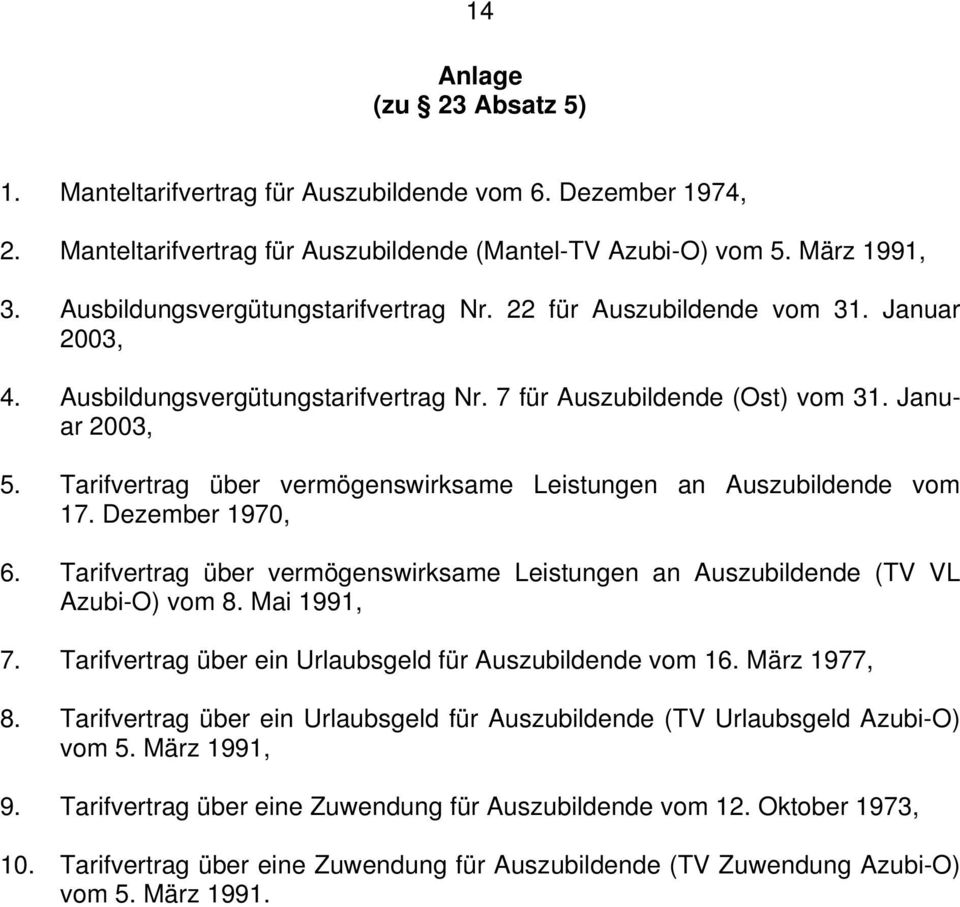 Tarifvertrag über vermögenswirksame Leistungen an Auszubildende vom 17. Dezember 1970, 6. Tarifvertrag über vermögenswirksame Leistungen an Auszubildende (TV VL Azubi-O) vom 8. Mai 1991, 7.