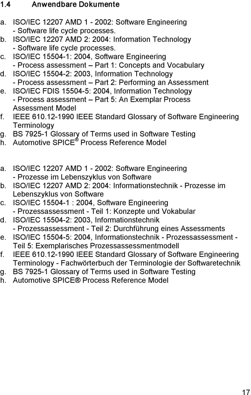 ISO/IEC FDIS 15504 5: 2004, Information Technology Process assessment Part 5: An Exemplar Process Assessment Model f. IEEE 610.12 1990 IEEE Standard Glossary of Software Engineering Terminology g.
