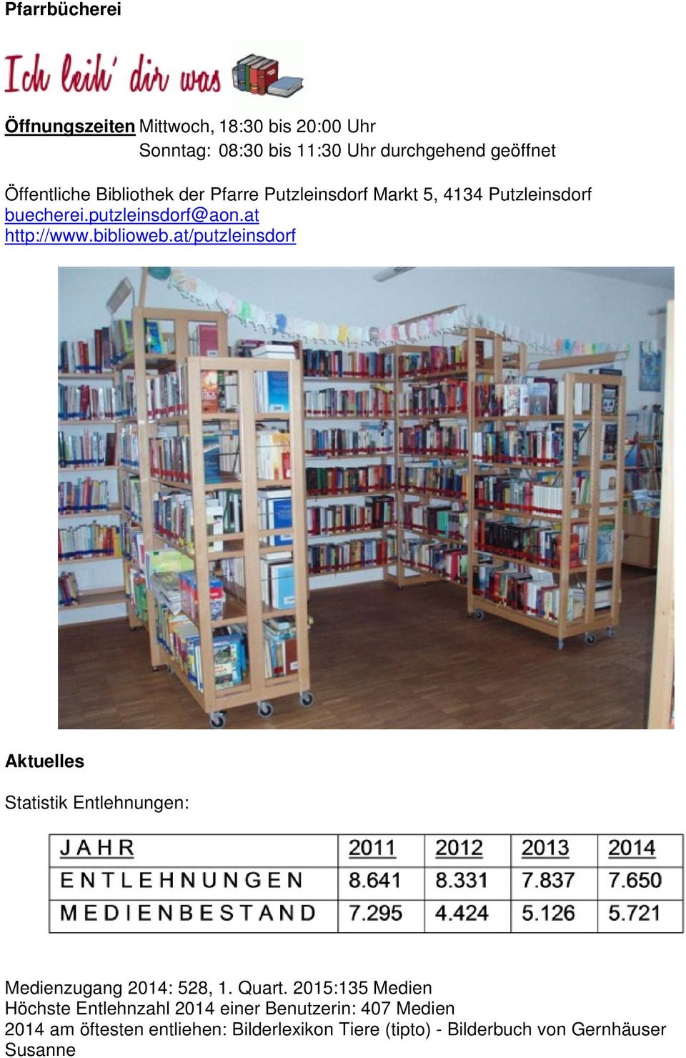 at/putzleinsdorf Aktuelles Statistik Entlehnungen: Medienzugang 2014: 528, 1. Quart.