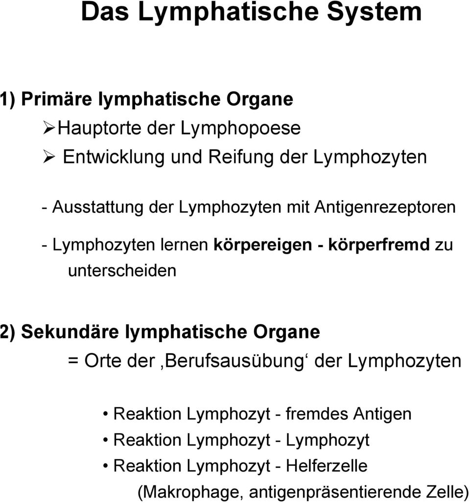 zu unterscheiden ) Sekundäre lymphatische Organe = Orte der Berufsausübung der Lymphozyten Reaktion Lymphozyt -