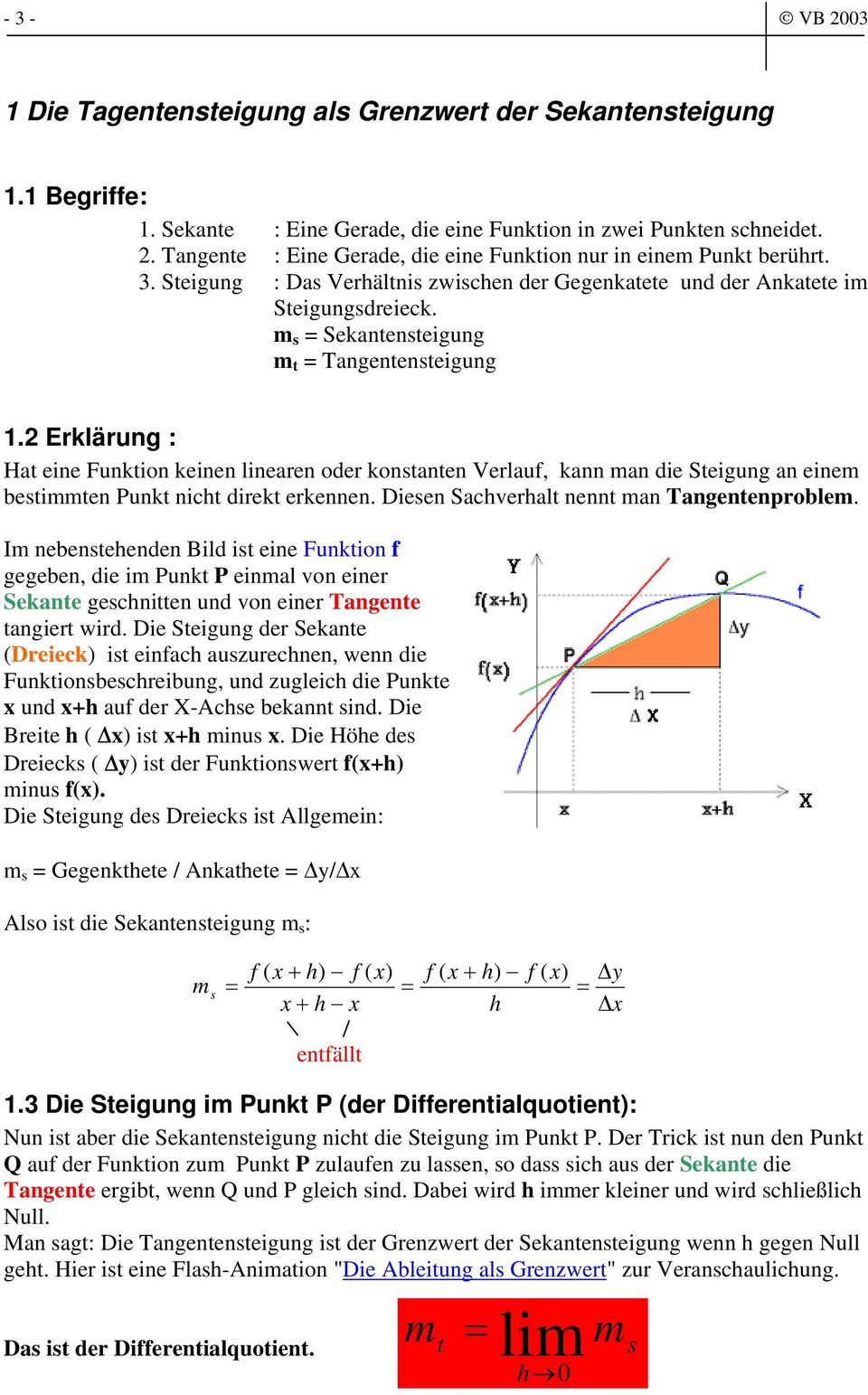 m s Sekantensteigung m t Tangentensteigung. Erklärung : Hat eine Funktion keinen linearen oder konstanten Verlauf, kann man die Steigung an einem bestimmten Punkt nicht direkt erkennen.