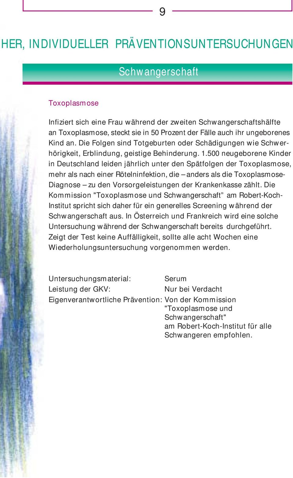 500 neugeborene Kinder in Deutschland leiden jährlich unter den Spätfolgen der Toxoplasmose, mehr als nach einer Rötelninfektion, die anders als die Toxoplasmose- Diagnose zu den Vorsorgeleistungen