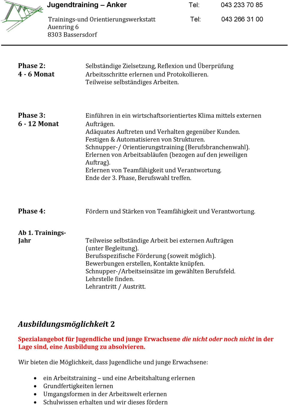 Schnupper-/ Orientierungstraining (Berufsbranchenwahl). Erlernen von Arbeitsabläufen (bezogen auf den jeweiligen Auftrag). Erlernen von Teamfähigkeit und Verantwortung. Ende der 3.