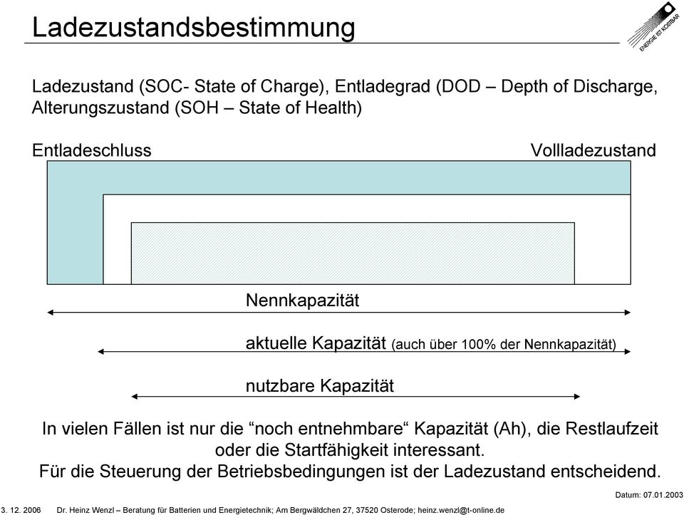 Nennkapazität) nutzbare Kapazität In vielen Fällen ist nur die noch entnehmbare Kapazität (Ah), die Restlaufzeit