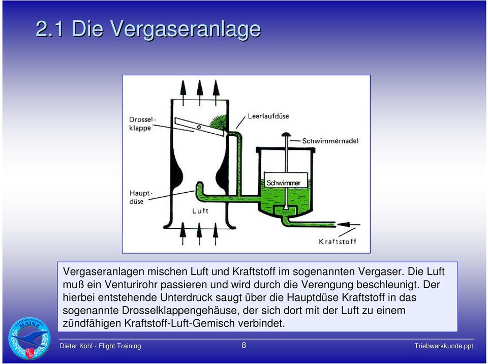 Der hierbei entstehende Unterdruck saugt über die Hauptdüse Kraftstoff in das sogenannte