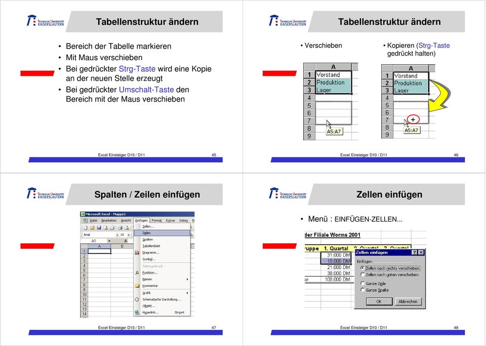 verschieben Verschieben Kopieren (Strg-Taste gedrückt halten) Excel Einsteiger D10 / D11 45 Excel Einsteiger D10 / D11