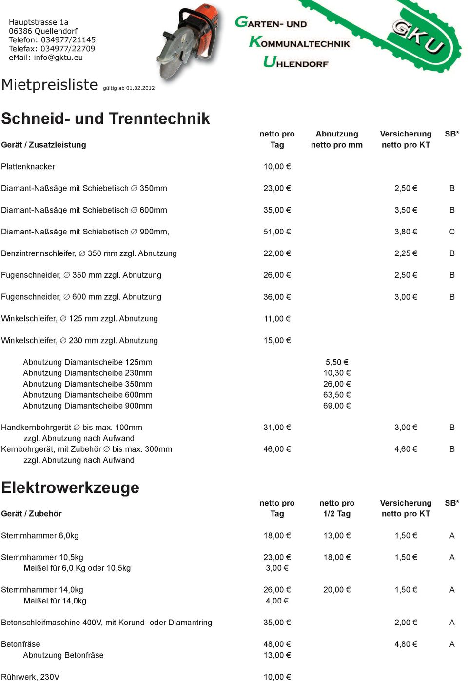 Abnutzung 26,00 2,50 B Fugenschneider, Æ 600 mm zzgl. Abnutzung 36,00 3,00 B Winkelschleifer, Æ 125 mm zzgl. Abnutzung 11,00 Winkelschleifer, Æ 230 mm zzgl.