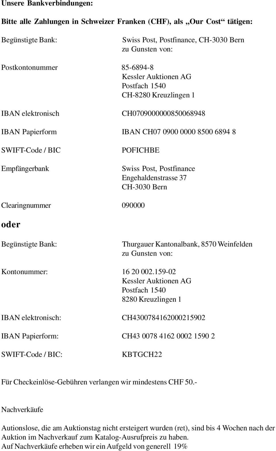 Postfinance Engehaldenstrasse 37 CH-3030 Bern Clearingnummer 090000 oder Begünstigte Bank: Thurgauer Kantonalbank, 8570 Weinfelden zu Gunsten von: Kontonummer: 16 20 002.