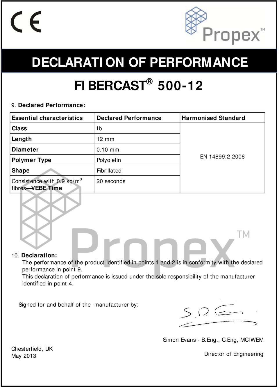 Declaration: The performance of the product identified in points 1 and 2 is in conformity with the declared performance in point 9.