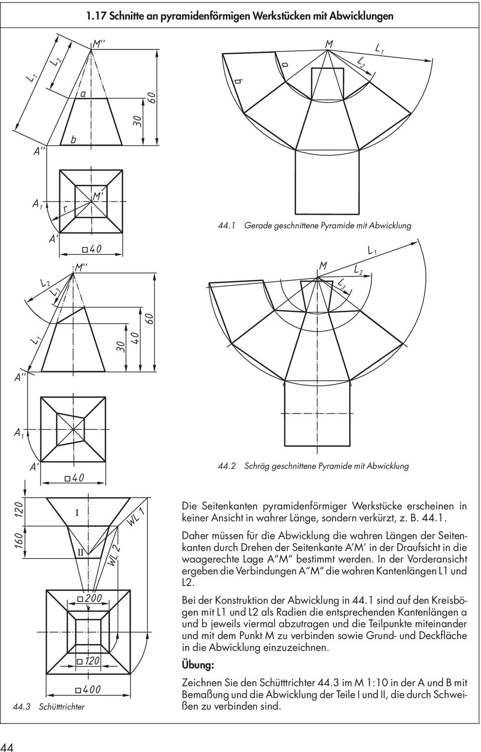 Schütttrichter 00 0 WL WL Die Seitenkanten pyramidenförmiger Werkstücke erscheinen in keiner Ansicht in wahrer Länge, sondern verkürzt, z. B. 44.