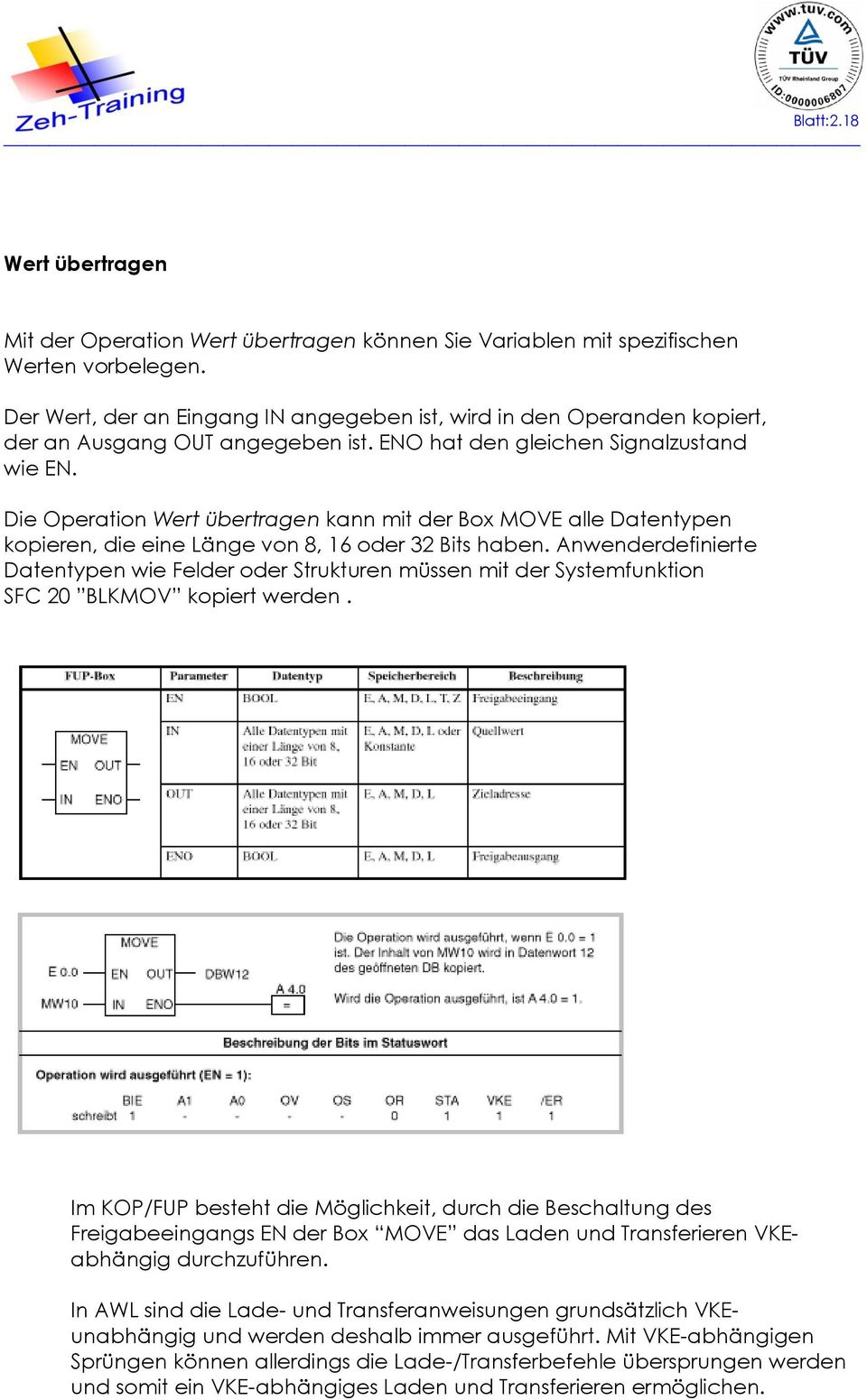 Die Operation Wert übertragen kann mit der Box MOVE alle Datentypen kopieren, die eine Länge von 8, 6 oder 3 Bits haben.