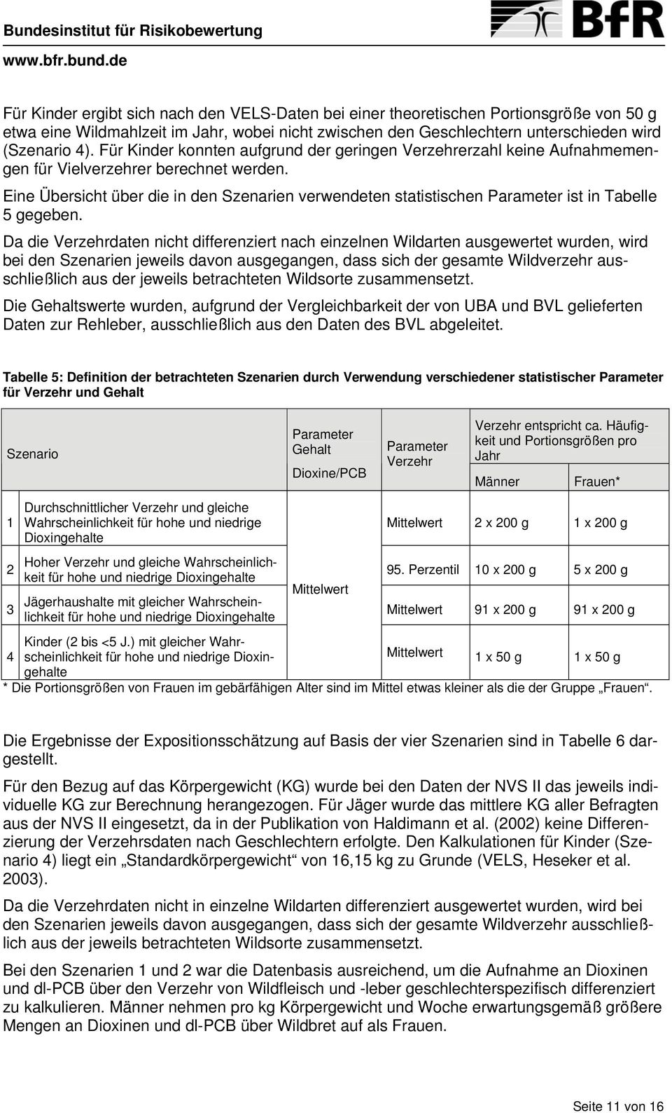 Eine Übersicht über die in den Szenarien verwendeten statistischen Parameter ist in Tabelle 5 gegeben.