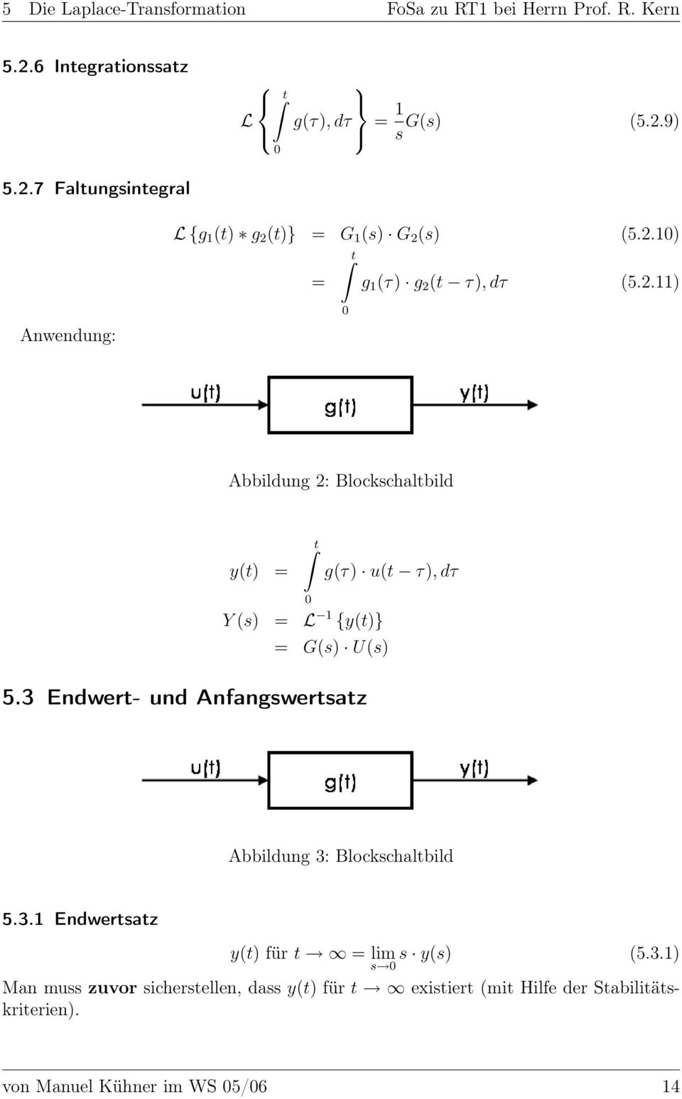 3 Endwert- und Anfangswertsatz Abbildung 3: Blockschaltbild 5.3.1 Endwertsatz y(t) für t = lim s 0 s y(s) (5.3.1) Man muss zuvor sicherstellen, dass y(t) für t existiert (mit Hilfe der Stabilitätskriterien).