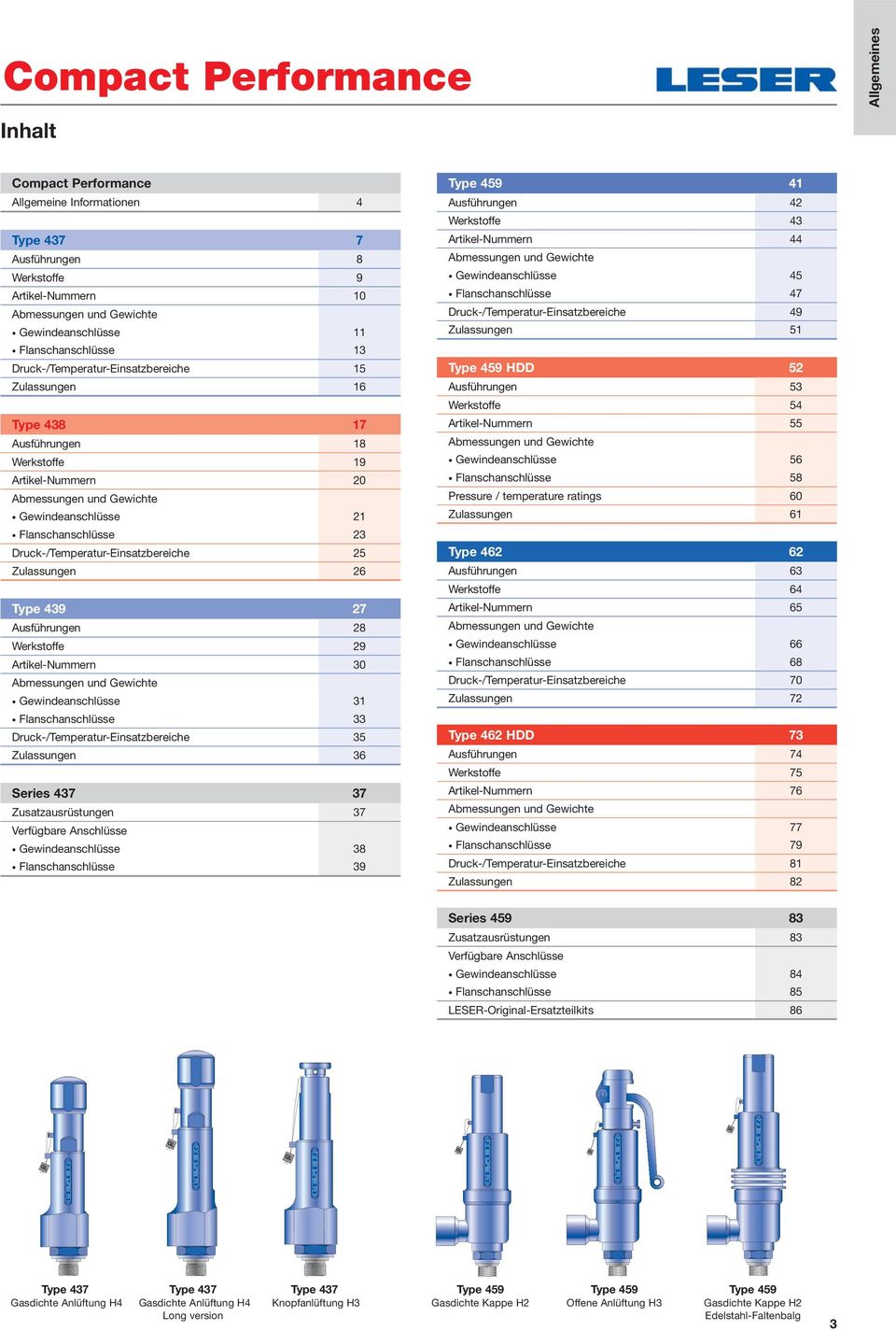 23 Druck-/Temperatur-Einsatzbereiche 25 Zulassungen 26 Type 439 27 Ausführungen 28 Werkstoffe 29 Artikel-Nummern 30 Abmessungen und Gewichte Gewindeanschlüsse 31 Flanschanschlüsse 33