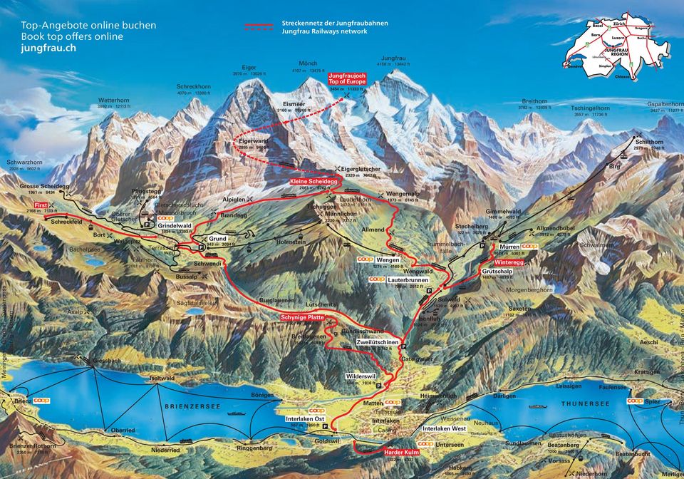 Europe 3454 m 333 ft Jungfrau 4158 m 13642 ft Breithorn 3782 m 12409 ft Tschingelhorn 3557 m 736 ft Gspaltenhorn 3437 m 277 ft Eigerwand 2865 m 9400 ft Schilthorn 2971 m 9748 ft Meiringen Grimsel