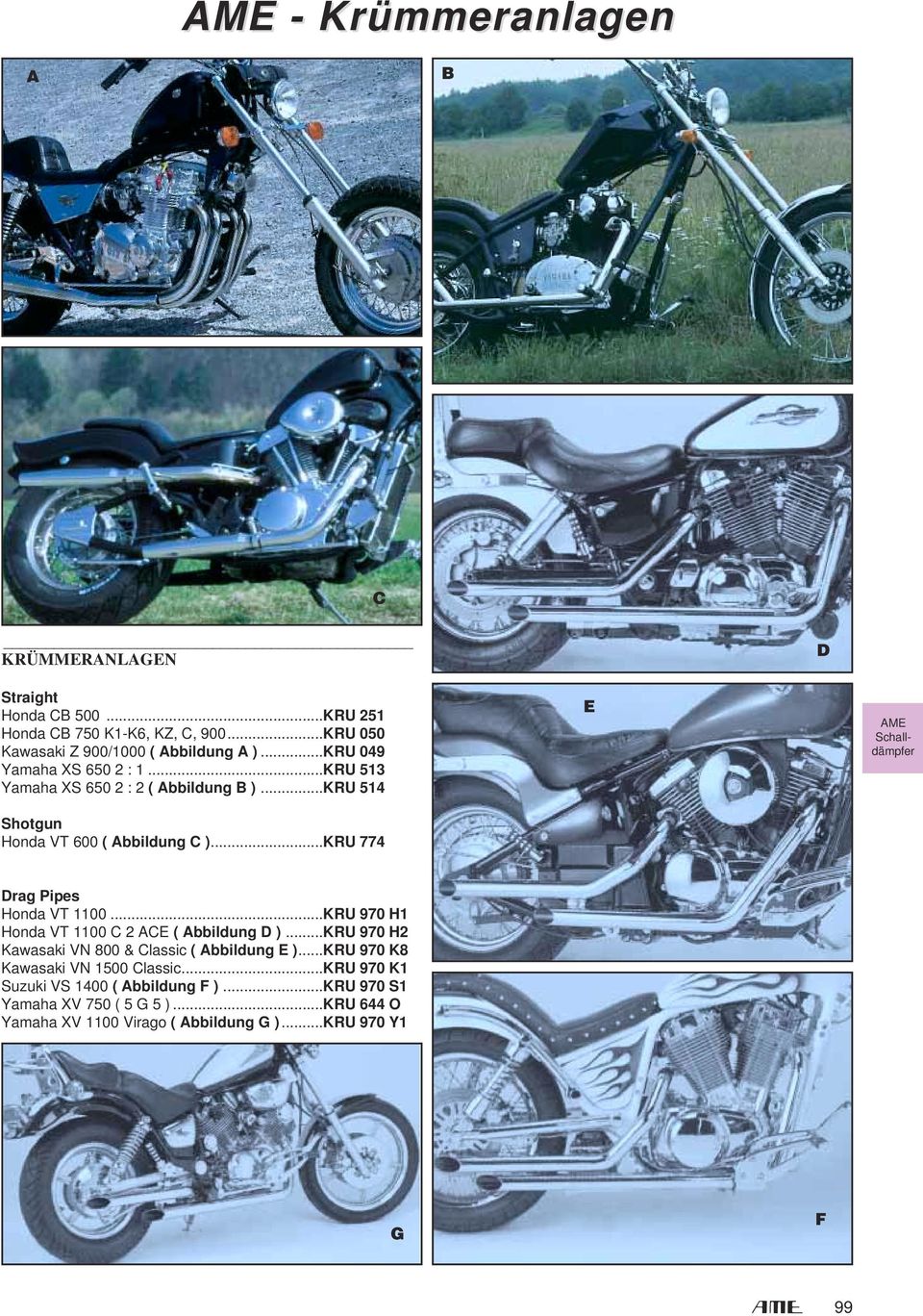 ..KRU 774 Drag Pipes Honda VT 1100...KRU 970 H1 Honda VT 1100 C 2 ACE ( Abbildung D )...KRU 970 H2 Kawasaki VN 800 & Classic ( Abbildung E ).