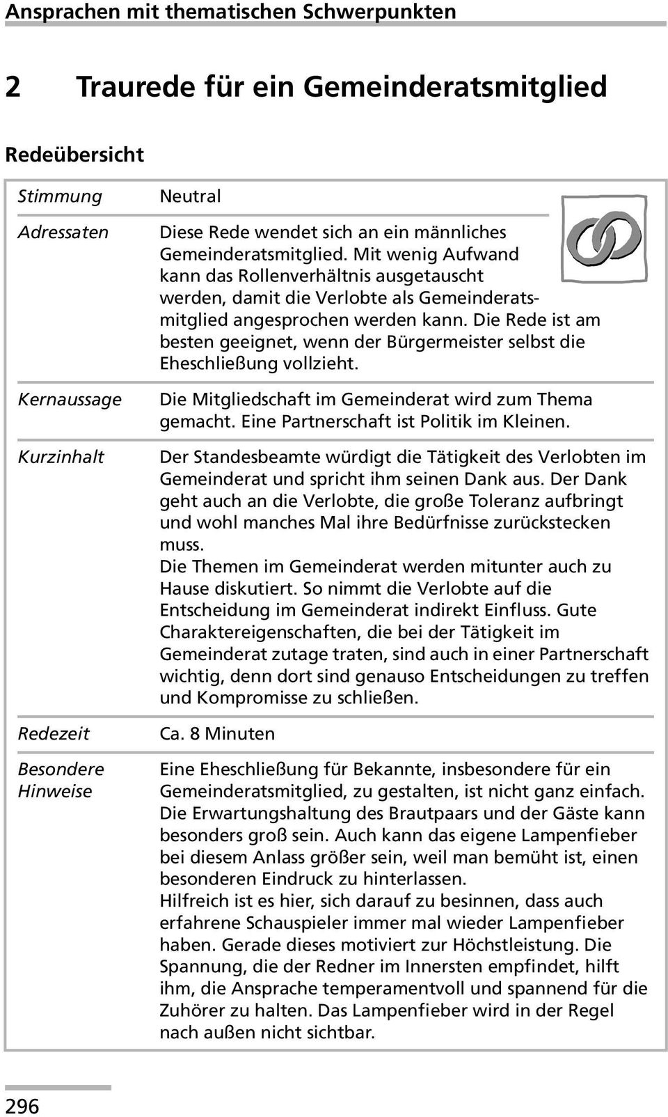 Die Rede ist am besten geeignet, wenn der Bürgermeister selbst die Eheschließung vollzieht. Die Mitgliedschaft im Gemeinderat wird zum Thema gemacht. Eine Partnerschaft ist Politik im Kleinen.