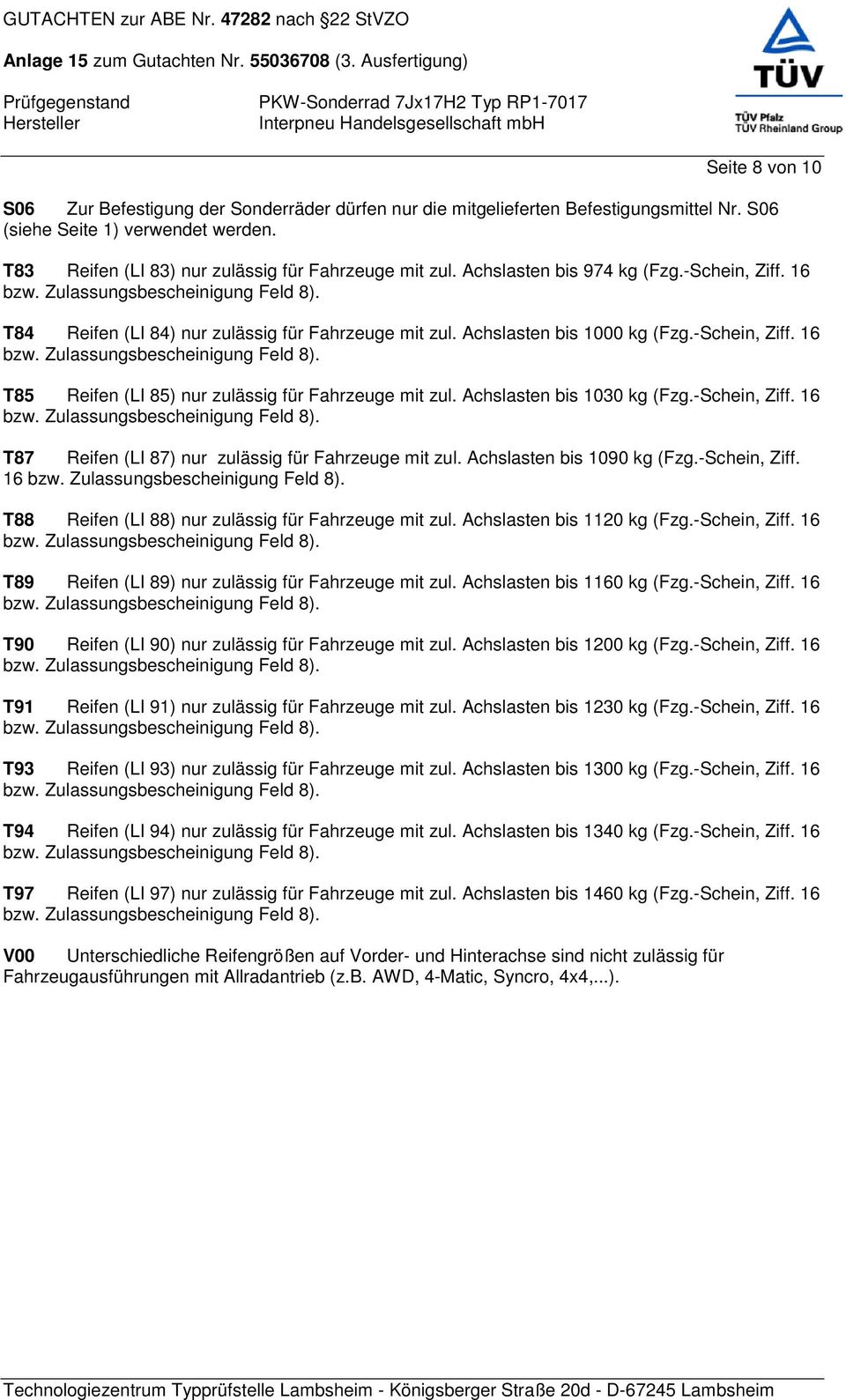 Achslasten bis 1030 kg (Fzg.-Schein, Ziff. 16 T87 Reifen (LI 87) nur zulässig für Fahrzeuge mit zul. Achslasten bis 1090 kg (Fzg.-Schein, Ziff. 16 T88 Reifen (LI 88) nur zulässig für Fahrzeuge mit zul.