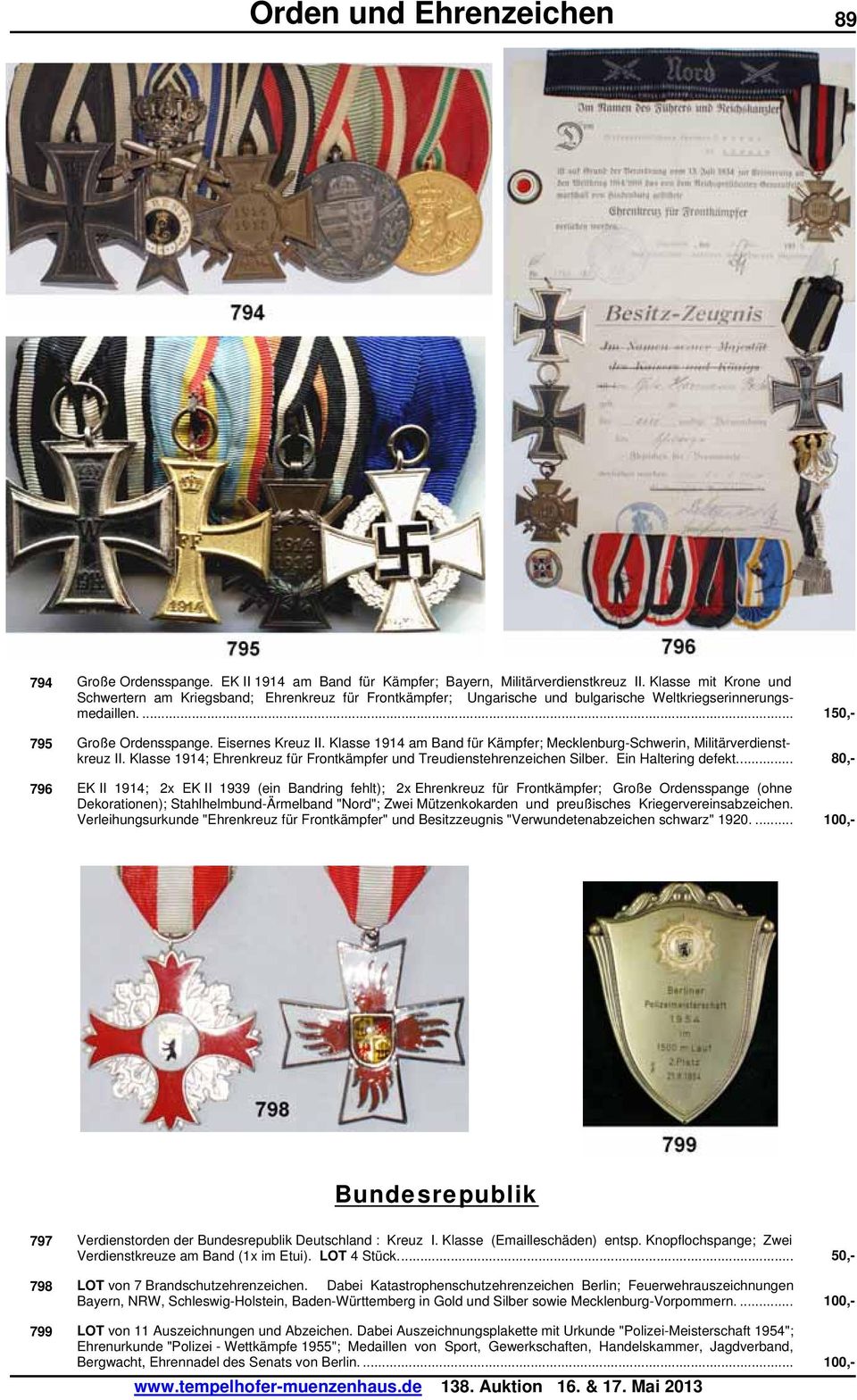 Klasse 1914 am Band für Kämpfer; Mecklenburg-Schwerin, Militärverdienstkreuz II. Klasse 1914; Ehrenkreuz für Frontkämpfer und Treudienstehrenzeichen Silber. Ein Haltering defekt.