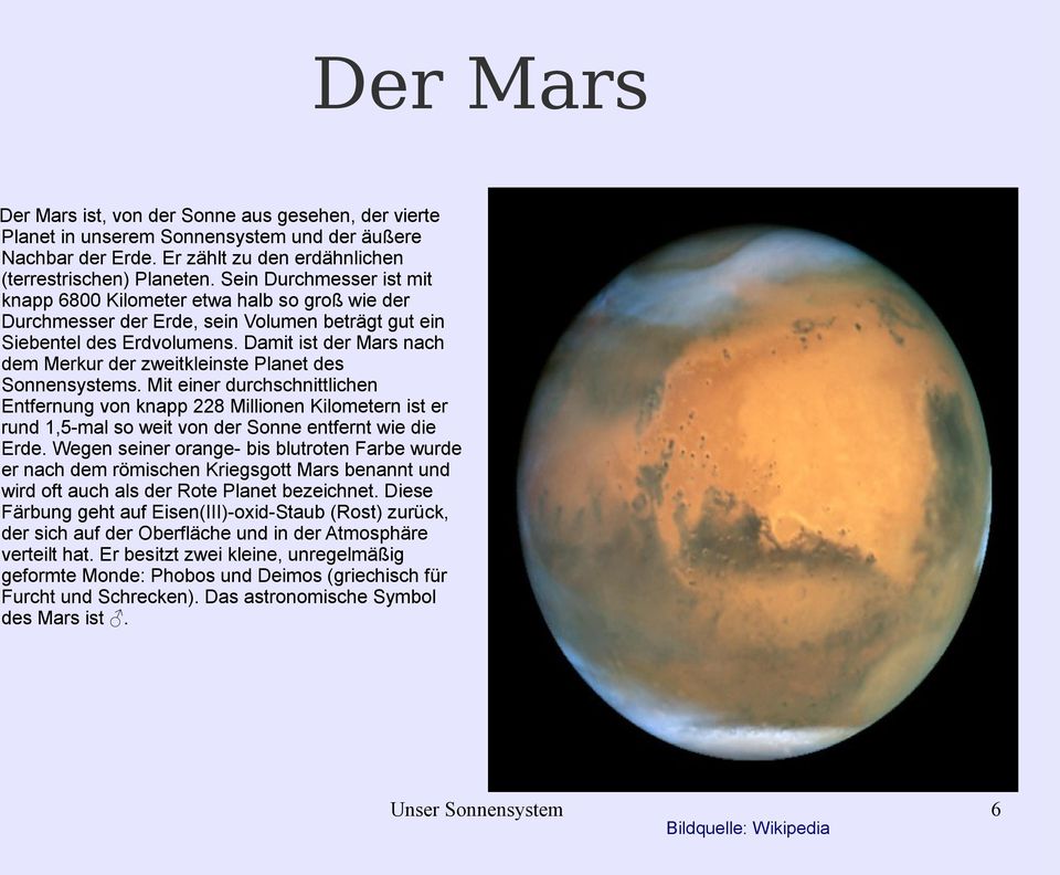 Damit ist der Mars nach dem Merkur der zweitkleinste Planet des Sonnensystems.
