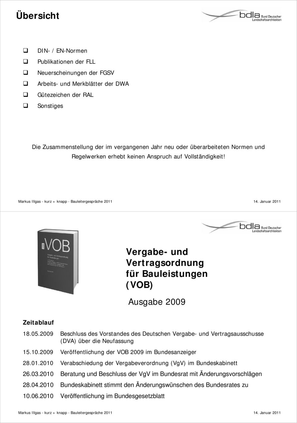 2009 Beschluss des Vorstandes des Deutschen Vergabe- und Vertragsausschusse (DVA) über die Neufassung 15.10.2009 Veröffentlichung der VOB 2009 im Bundesanzeiger 28.01.