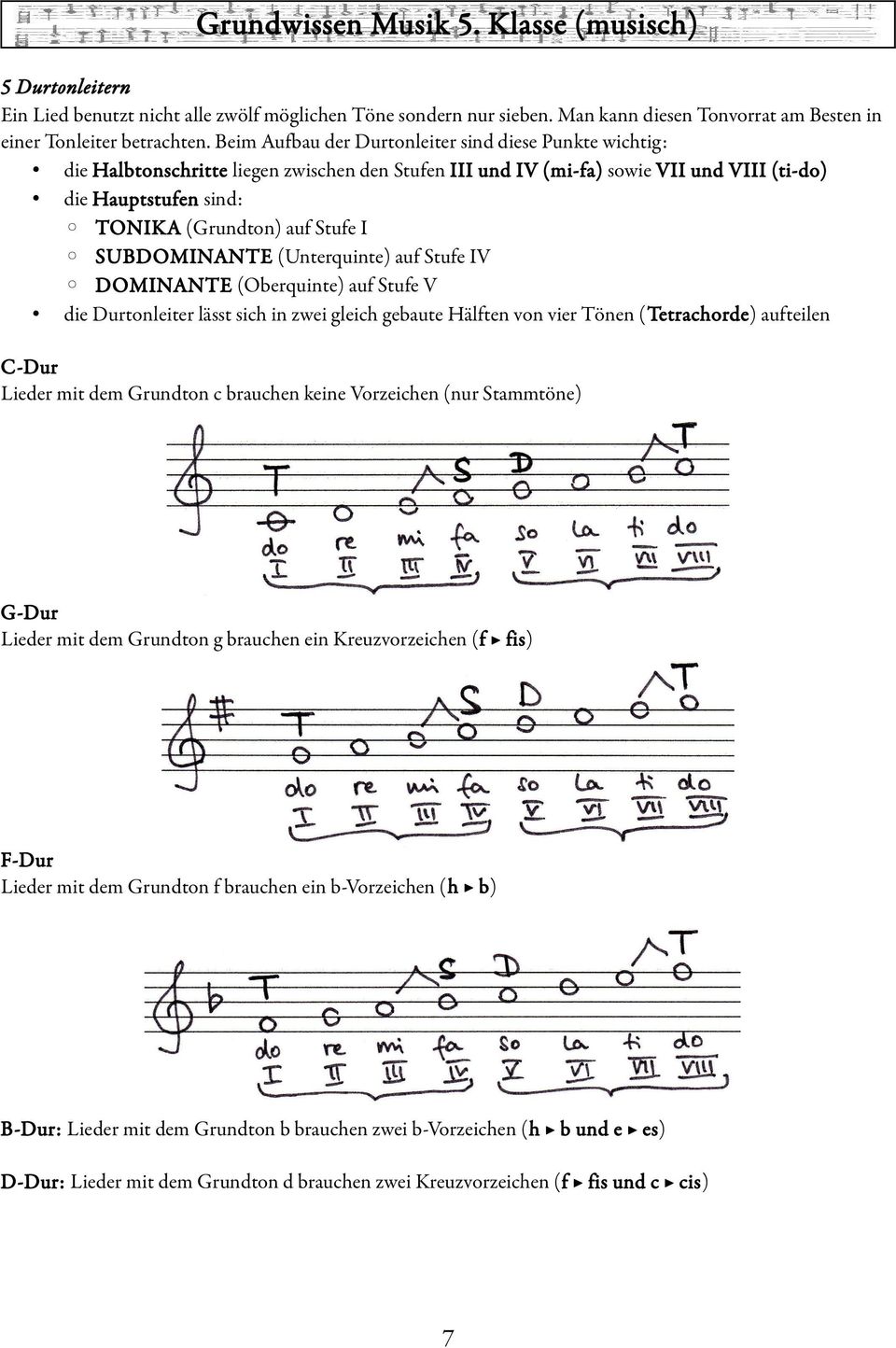 I SUBDOMINANTE (Unterquinte) auf Stufe IV DOMINANTE (Oberquinte) auf Stufe V die Durtonleiter lässt sich in zwei gleich gebaute Hälften von vier Tönen (Tetrachorde) aufteilen C-Dur Lieder mit dem