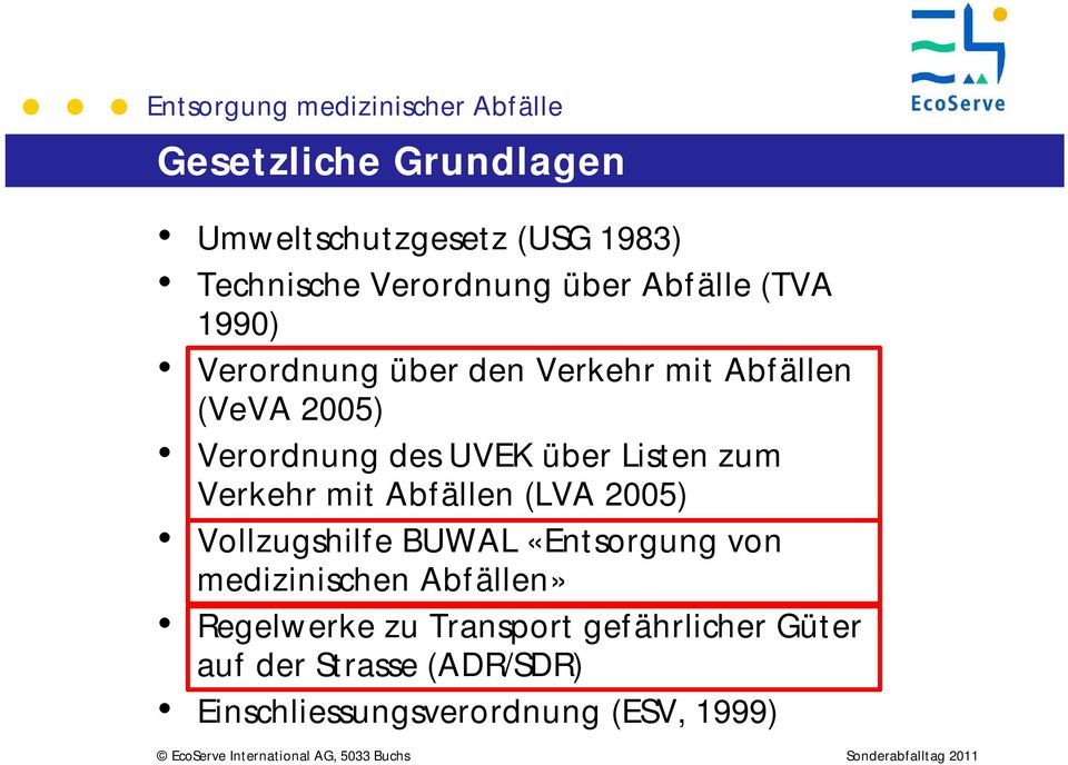 Verkehr mit Abfällen (LVA 2005) Vollzugshilfe BUWAL «Entsorgung von medizinischen Abfällen»