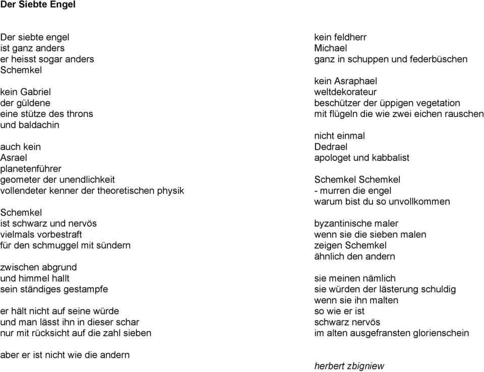 er hält nicht auf seine würde und man lässt ihn in dieser schar nur mit rücksicht auf die zahl sieben aber er ist nicht wie die andern kein feldherr Michael ganz in schuppen und federbüschen kein