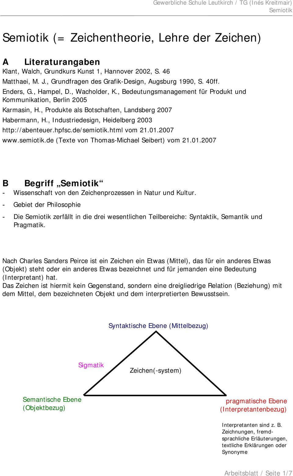 , Industriedesign, Heidelberg 2003 http://abenteuer.hpfsc.de/semiotik.html vom 21.01.2007 www.semiotik.de (Texte von Thomas-Michael Seibert) vom 21.01.2007 B Begriff - Wissenschaft von den Zeichenprozessen in Natur und Kultur.