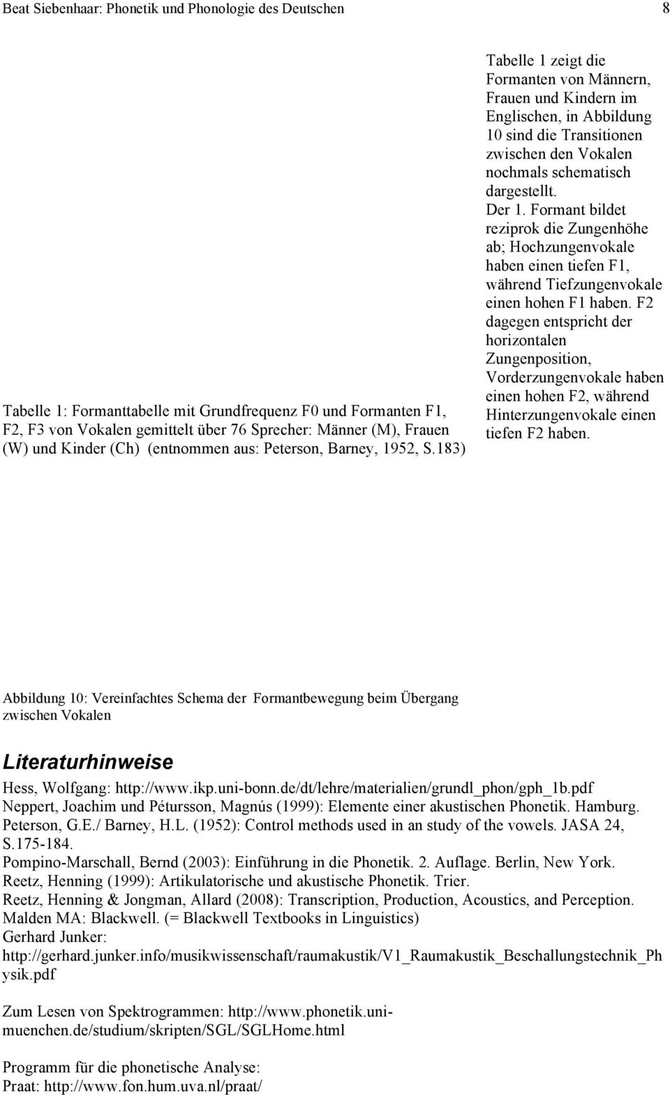 183) Tabelle 1 zeigt die Formanten von Männern, Frauen und Kindern im Englischen, in Abbildung 10 sind die Transitionen zwischen den Vokalen nochmals schematisch dargestellt. Der 1.