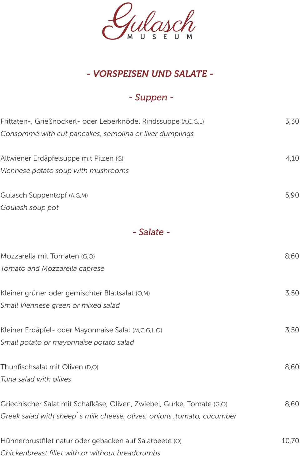 Blattsalat (O,M) 3,50 Small Viennese green or mixed salad Kleiner Erdäpfel- oder Mayonnaise Salat (M,C,G,L,O) 3,50 Small potato or mayonnaise potato salad Thunfischsalat mit Oliven (D,O) 8,60 Tuna